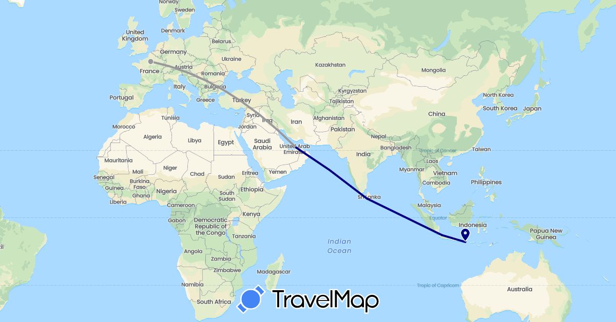 TravelMap itinerary: driving, plane in United Arab Emirates, France, Indonesia, Sri Lanka (Asia, Europe)