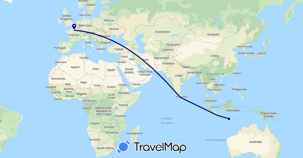 TravelMap itinerary: driving in France, Indonesia, Sri Lanka (Asia, Europe)